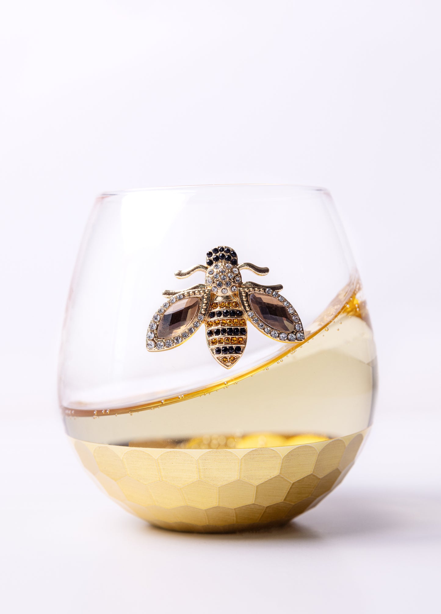 Luxury Stemless Wine Glass with Jeweled Bee – Elegant, Handcrafted Drinkware